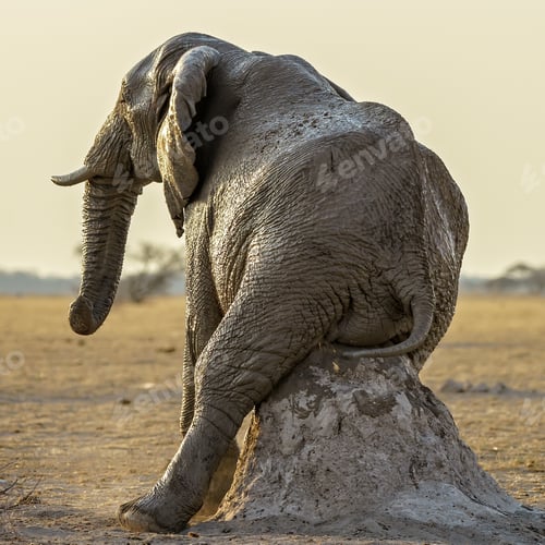 Preview: Gray elephant sitting on a rock formation in a desert area on a sunny day