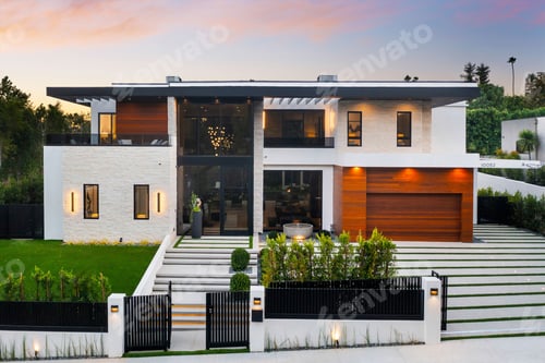 Preview: Modern luxury house with large windows and manicured lawn.
