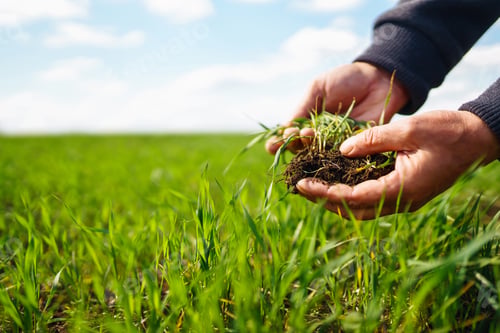 Preview: Young Green wheat seedlings in the hands of a farmer. Agronomist checks and explores sprouts of rye.