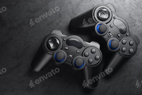 Preview: Black Video Game Controllers on a Textured Surface