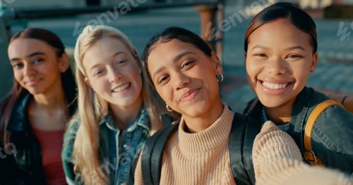 Preview: Happy, people and portrait with selfie at campus for education, learning and memory at college. Wom