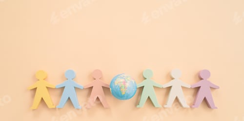 Preview: Top view model of group people help together holding the world on the background,