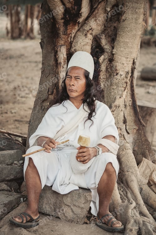 Preview: Portrait of an Arhuaco indigenous dressed in his traditional dress sitting on the roots of a tree.