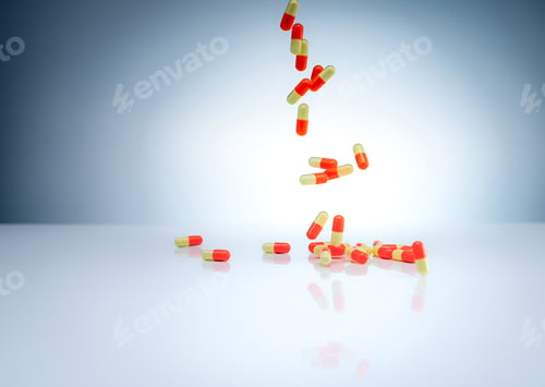 Preview: Yellow-orange capsules pill falling down on white table. Pharmaceutical industry. Drug interactions