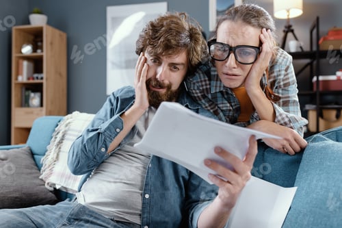 Vista previa: Triste pareja joven revisando sus facturas