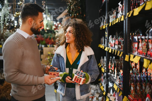 Preview: Happy couple shopping for christmas decorations in store