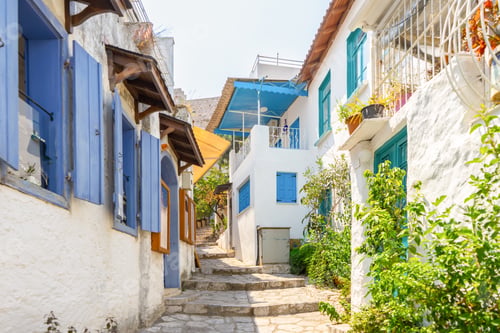 Preview: Narrow Street With Ancient Houses And Cafe In Old European Town In Summer Sunny Day