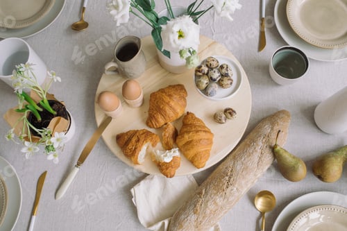 Preview: Top view of breakfast at home.