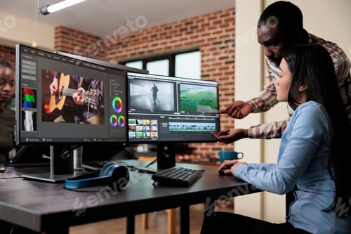 Preview: Creative agency video graphic editor expert enhancing footage using visual timeline and advanced