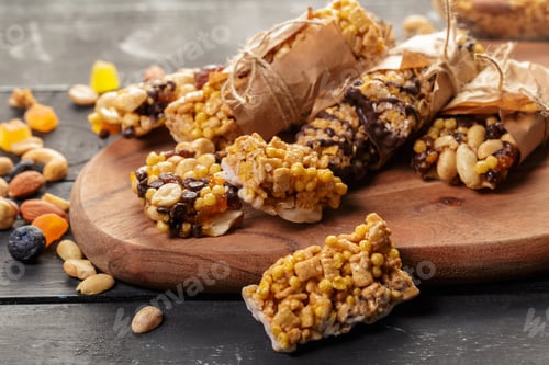 Preview: Snack options with nuts, fruits, and grains on wooden board in a kitchen setting