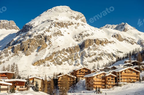 Preview: Alpine winter mountain landscape. French Alps with snow.