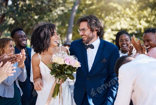 Preview: Celebration, applause and wedding bride and groom with happy, excited and cheerful guests. Interrac