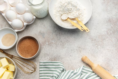 Preview: Baking ingredients flat lay preparing kitchen pastry dessert