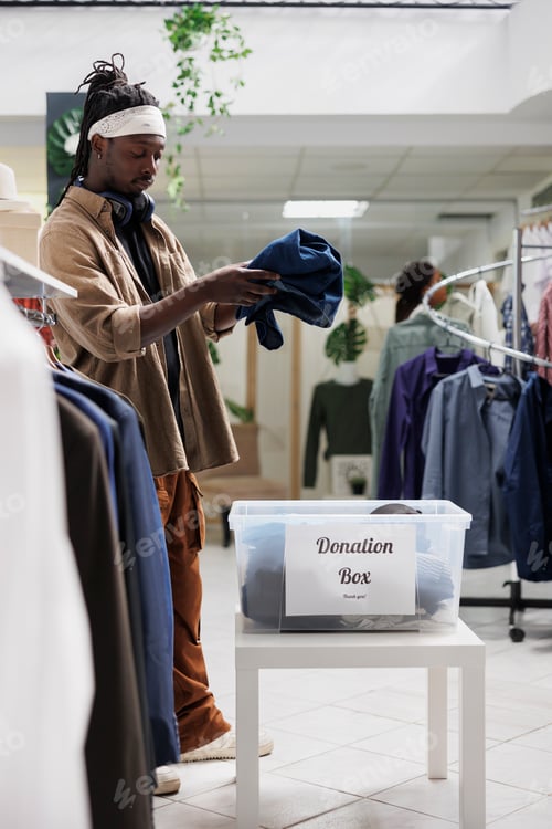 Preview: Clothing store client giving garments to donation bank