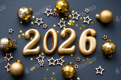 Visualização: As figuras douradas (20-26) feitas de velas em um fundo de ardósia de pedra preta são decoradas com um festi.