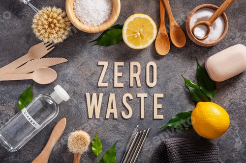 Preview: zero waste eco friendly cleaning concept. wooden brushes, lemon, baking soda, vinegar