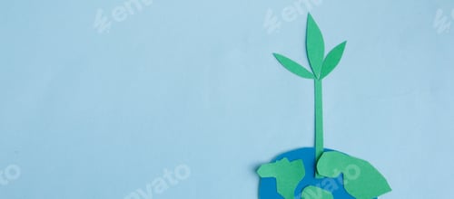 Preview: Cute children's paper applique -a model of the Earth and a young sprout on a blue background