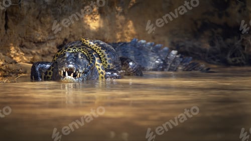 Preview: Selective focus of an anaconda snake wrapped around an alligator in a pond in Pantanal, Brazil