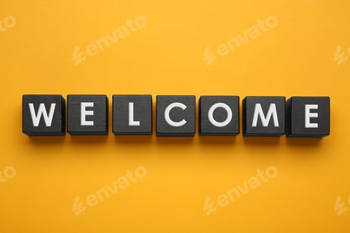 Preview: Word Welcome made of black cubes on yellow background, top view