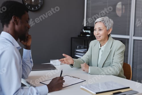 Preview: Side view portrait of elegant senior businesswoman talking to HR recruiter at job interview