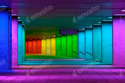 Preview: Colorful mulitcolord illuminated gallery tunnel near Museum Park, Rotterdam, The Netherlands