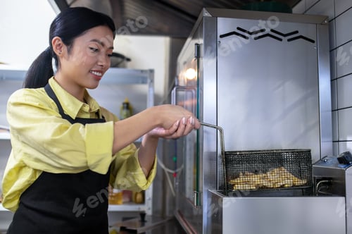Preview: Asian young girl working in the kitchen and preparing food