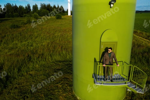 Preview: A man in a business suit with a green Golf shirt stands next to a windmill against the background of