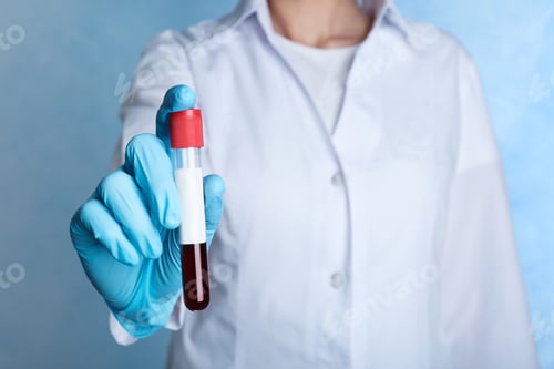 Preview: Doctor holding glass tube with blood on color background, closeup. Allergy test