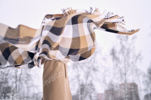 Preview: defocus portrait of a woman in a snowy forest, wrapped in a blanket.
