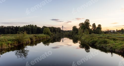 Preview: River in a city park. Colorful Summer Sunset