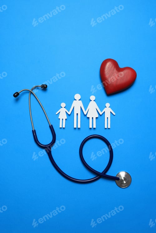 Preview: Paper family cutout, stethoscope and red heart on light blue background, flat lay. Insurance concept