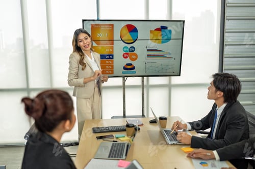 Preview: Employee meeting big screen tv presentation conference discussion brainstorming and working together