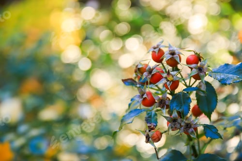 Preview: Red rosehip berries on a branch. In the garden in early autumn