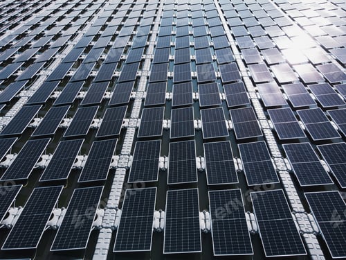 Preview: Solar power plant farm on beautiful lake. Floating solar panels providing green energy.