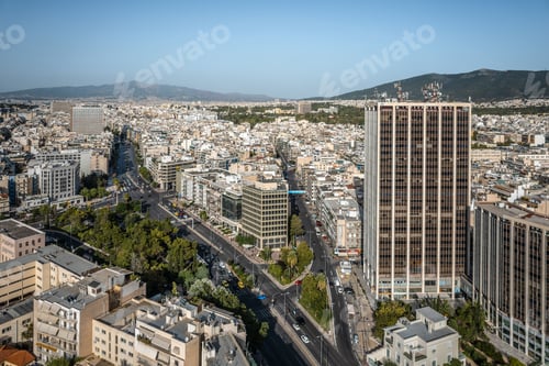 Preview: Aerial view of Athens Tower, complex of two buildings situated in Athens, Greece