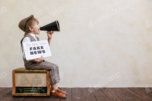 Preview: Newsboy shouting against grunge wall background. Boy selling fake news
