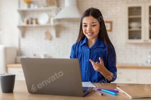 Preview: Schoolgirl Video Calling Talking To Laptop During Lesson At Home