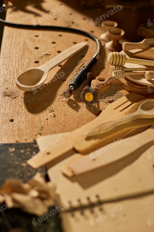 Preview: Workplace with power working tools graver for wooden utensils spoon, carving, grinder machine