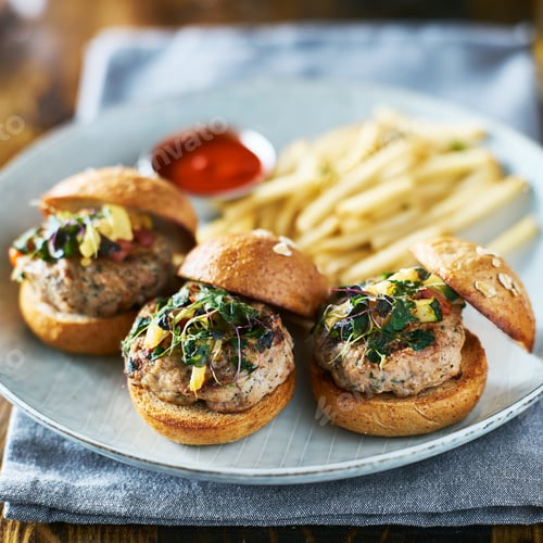 Preview: three turkey burger sliders with fries on plate