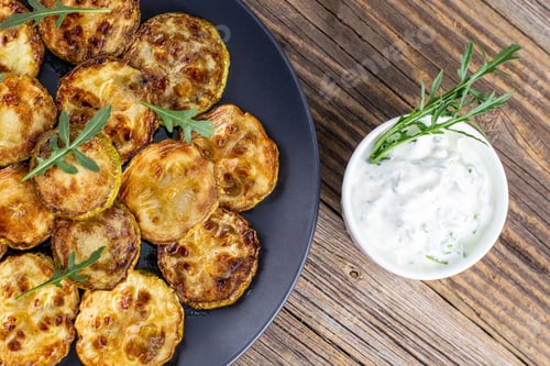 Preview: Fried slices of zucchini with sour cream sauce. Courgettes with herb for dinner
