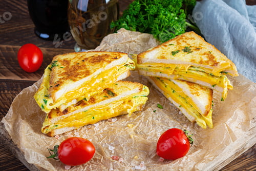 Preview: Roasted French toast with ham, egg, herbs and cheese cheddar. Delicious grilled breakfast sandwich