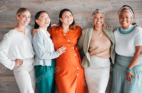 Preview: Happy, friends and portrait of a pregnant female with women by a wood wall at her baby shower. Frie