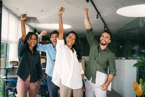 Preview: Joyful, excited diverse entrepreneurs are celebrating their success and the great work environment
