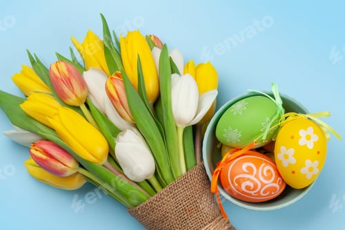 Preview: Easter greeting card with easter eggs and tulips