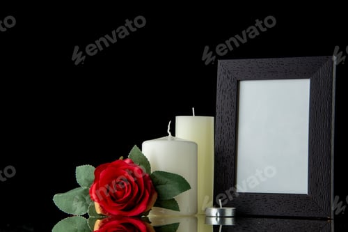 Preview: front view of white candles with picture frame on the black background war palestine funeral
