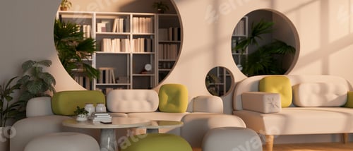 Preview: Modern colorful trendy co-working space or reading room interior design with comfortable couch