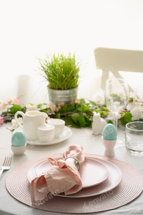 Preview: Easter dinner with eggs, fresh flowers and eggs.