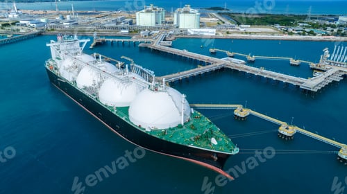 Preview: LNG (Liquified Natural Gas) tanker anchored in Gas terminal gas tanks for storage. Oil Crude Gas