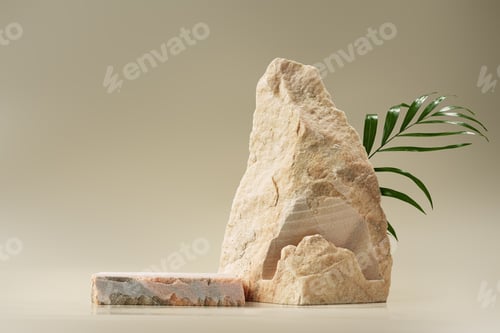 Preview: Granite stone with branch green leaf on beige background