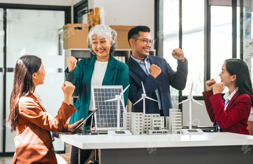 Preview: Group asian business people meeting boardroom clean energy city solutions discussing solar panels